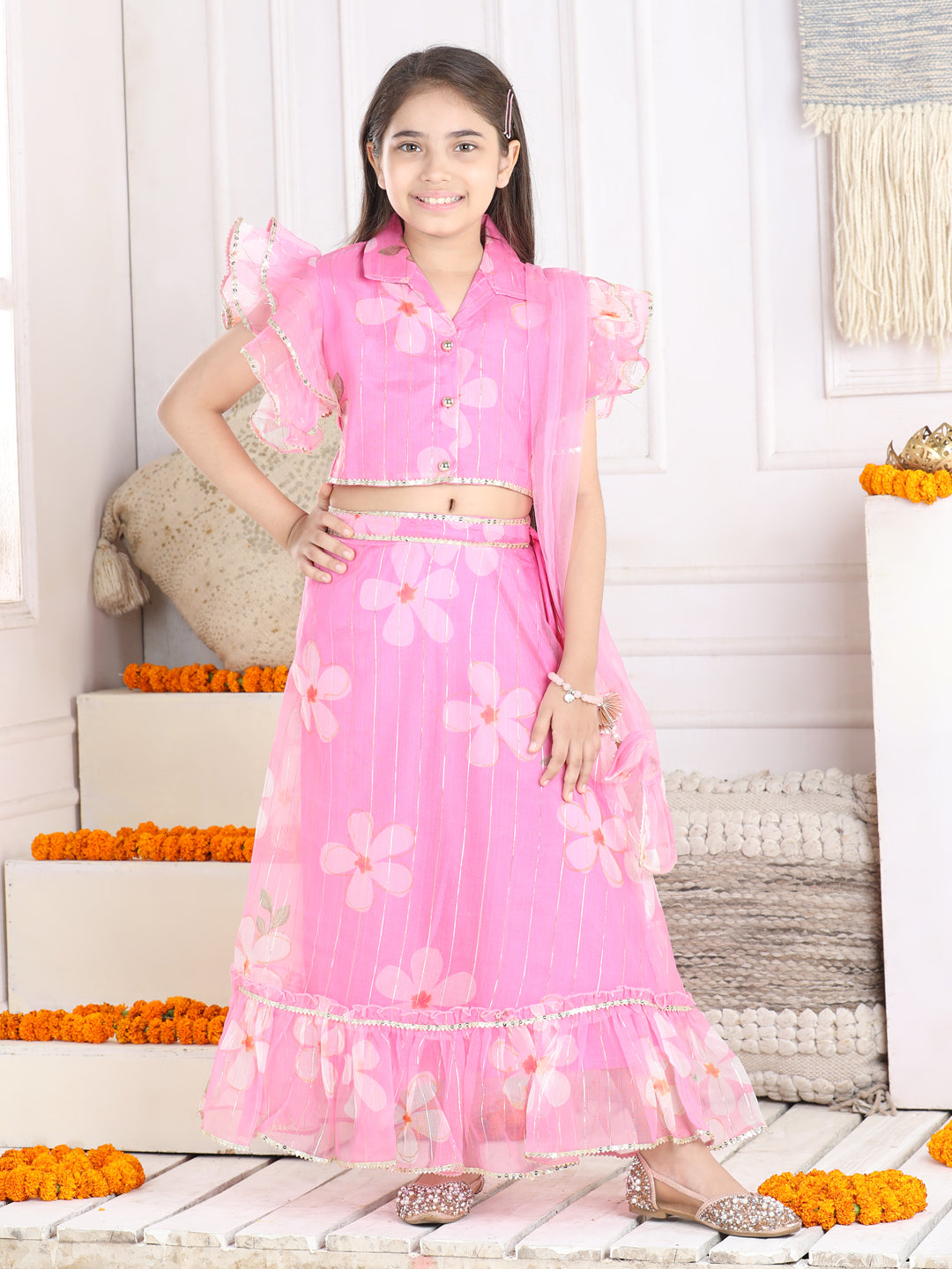 Cutiekins Printed Lehenga Choli Dupatta Set Pink Golden