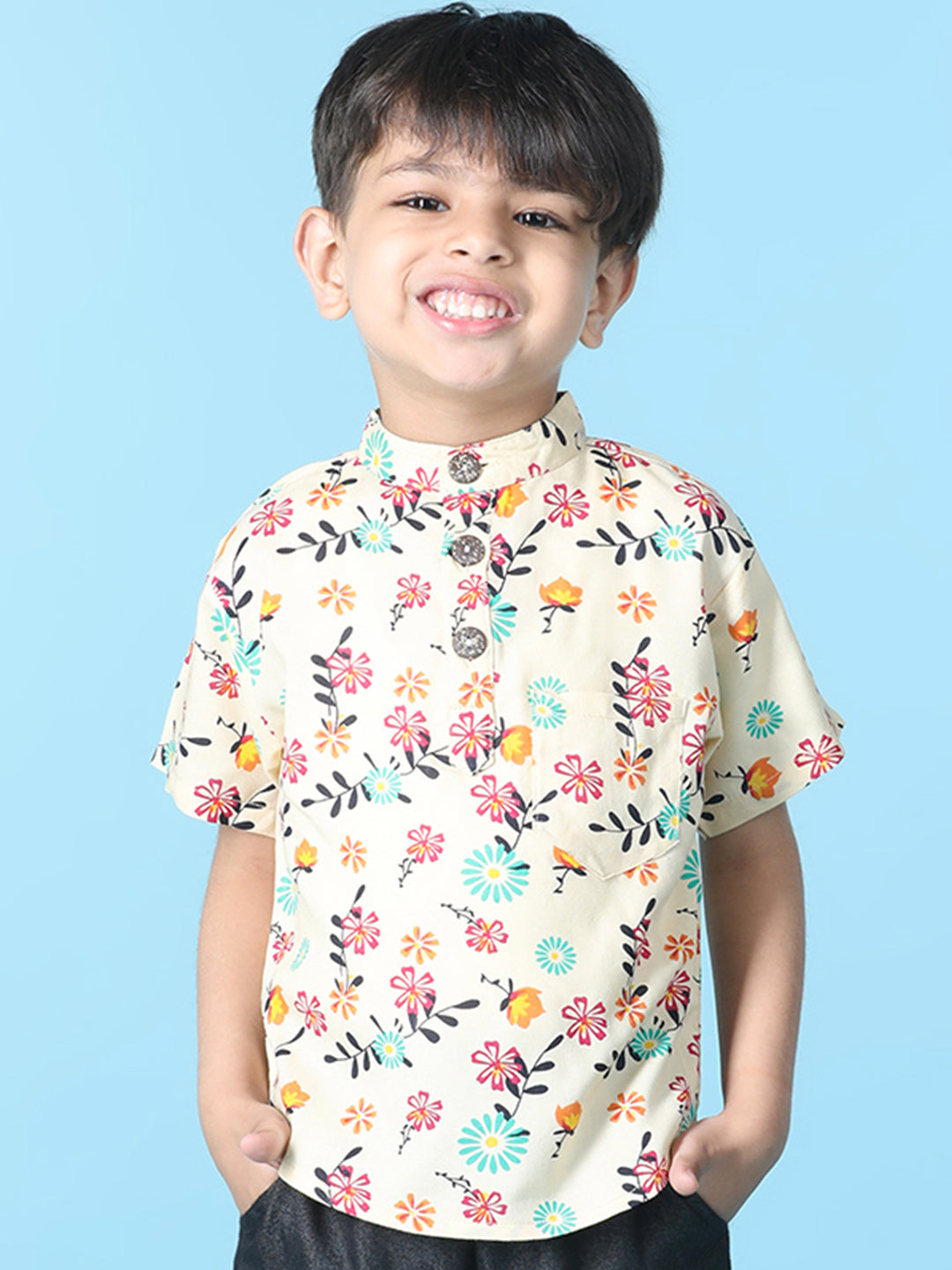 Cutiekins Boys Floral Print T Shirt Off White Pink