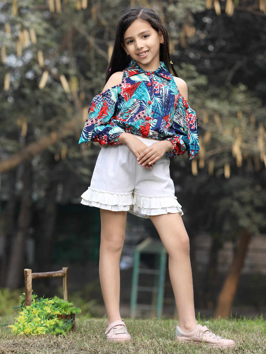 Cutiekins Printed Collar Crop Top Shorts Set Multi Off White