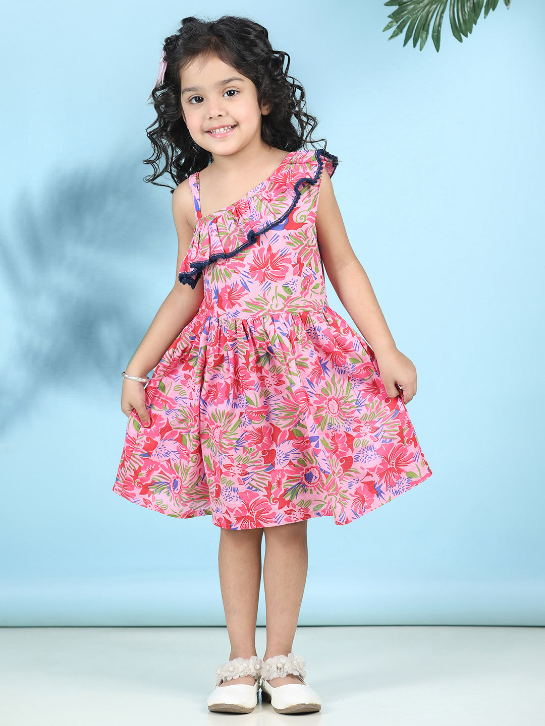 Cutiekins Girls Trendy & Stylish Floral Printed Dress -Light Pink & Multi