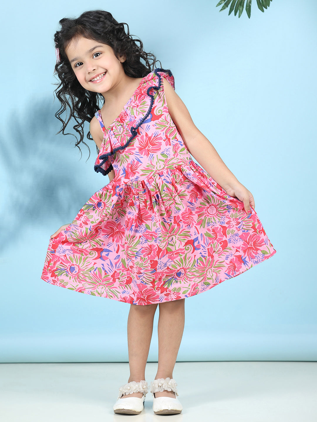 Cutiekins Girls Trendy & Stylish Floral Printed Dress -Light Pink & Multi