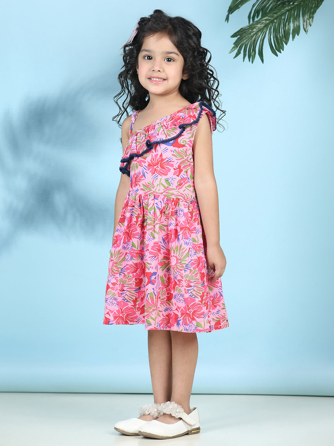 Cutiekins Girls Trendy & Stylish Floral Printed Dress -Light Pink & Multi