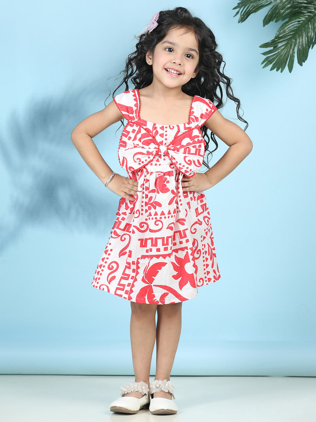 Cutiekins Girls Trendy & Stylish Graphic Printed Dress -Off White & Red