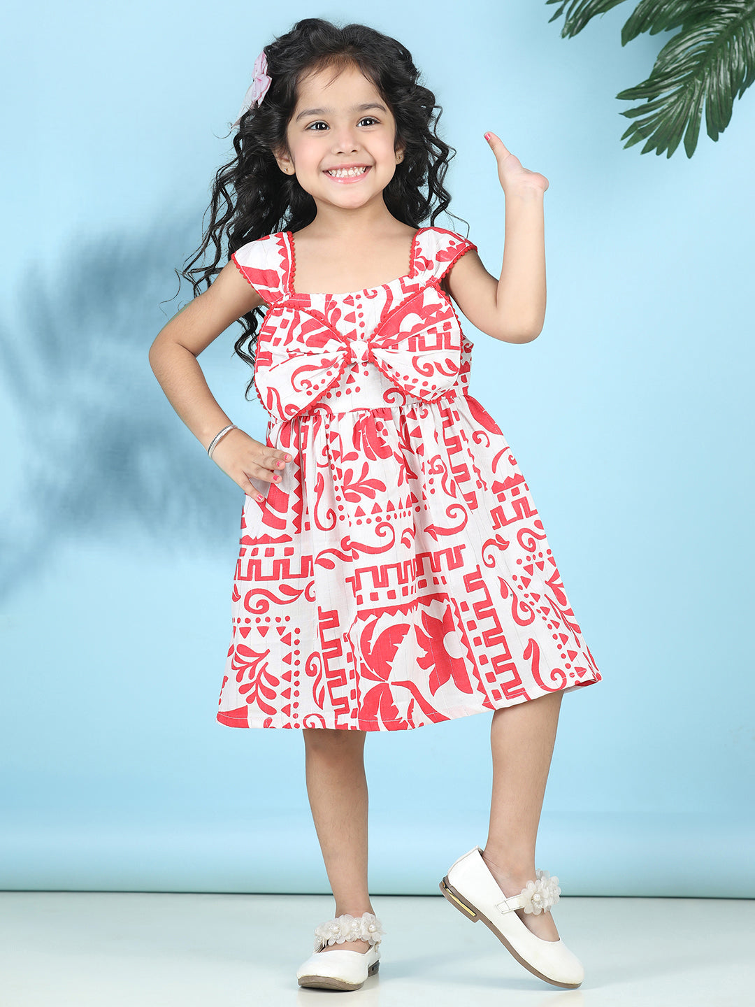 Cutiekins Girls Trendy & Stylish Graphic Printed Dress -Off White & Red