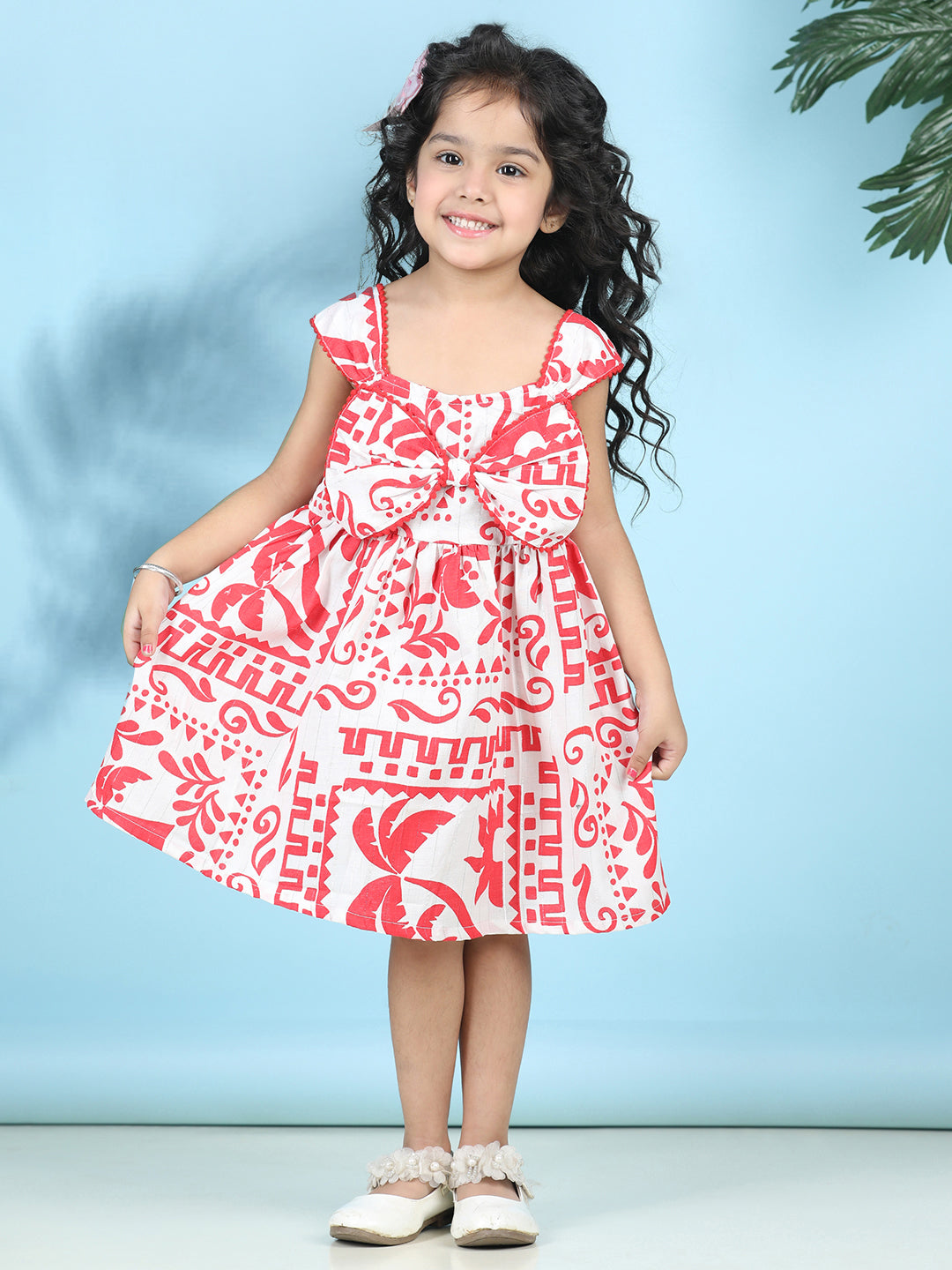 Cutiekins Girls Trendy & Stylish Graphic Printed Dress -Off White & Red