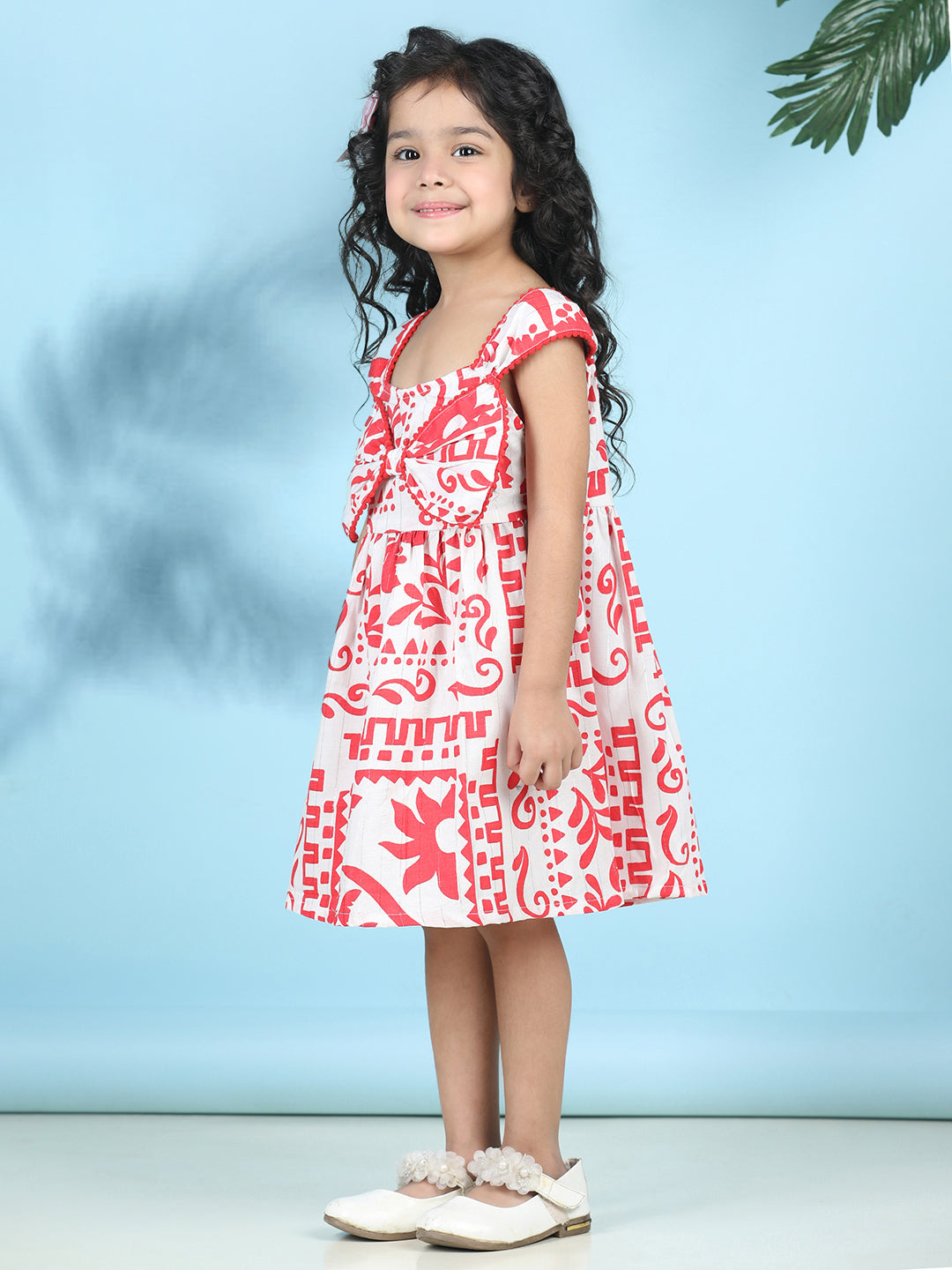 Cutiekins Girls Trendy & Stylish Graphic Printed Dress -Off White & Red