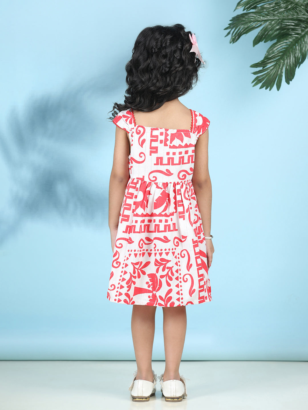 Cutiekins Girls Trendy & Stylish Graphic Printed Dress -Off White & Red