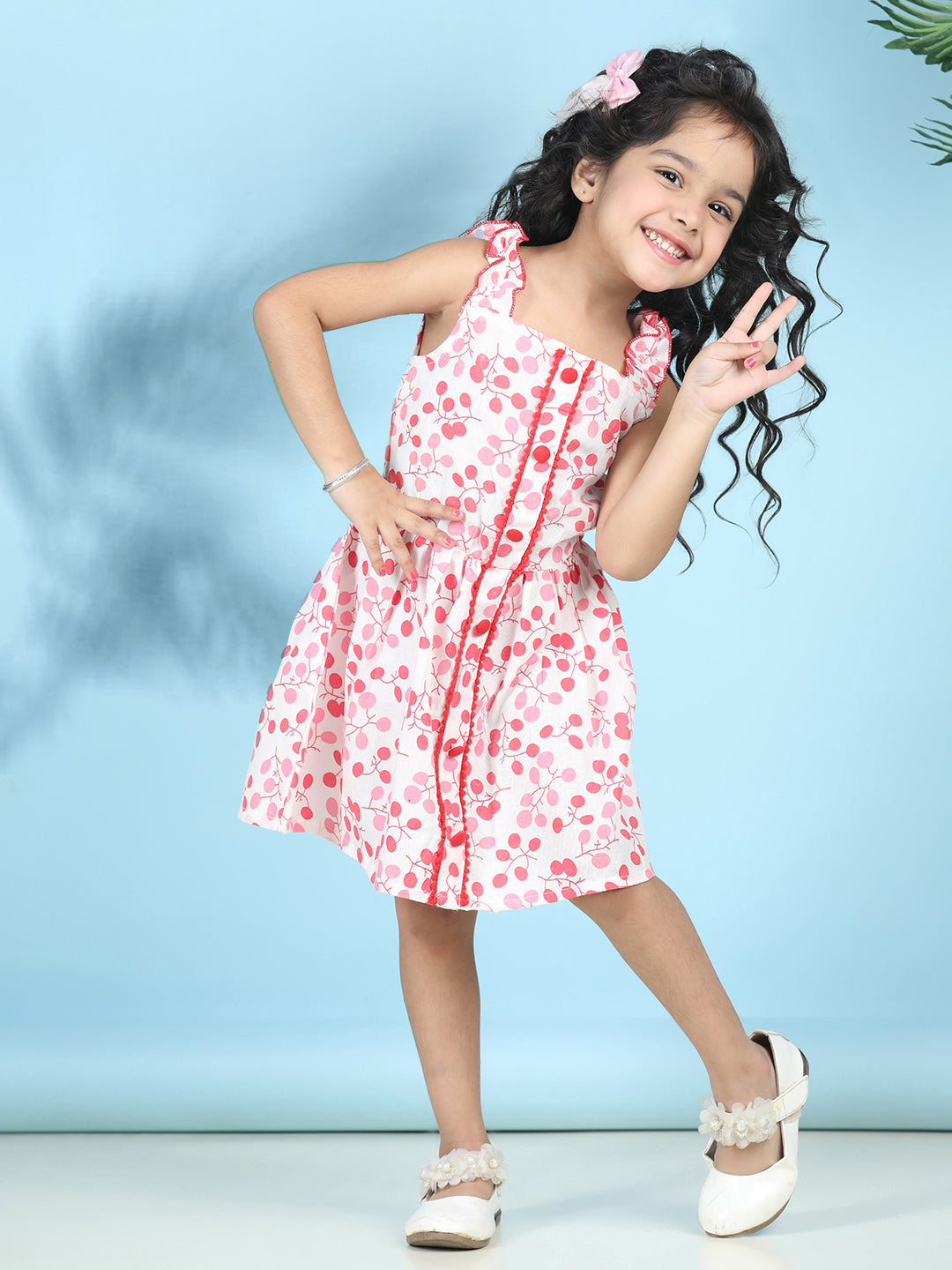 Cutiekins Girls Trendy & Stylish Floral Printed Dress -Off White & Pink