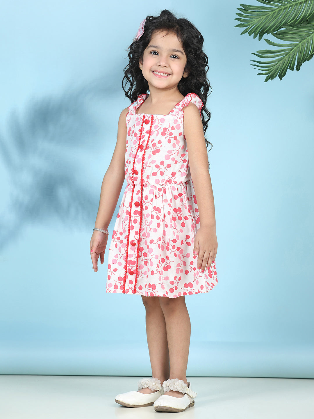 Cutiekins Girls Trendy & Stylish Floral Printed Dress -Off White & Pink