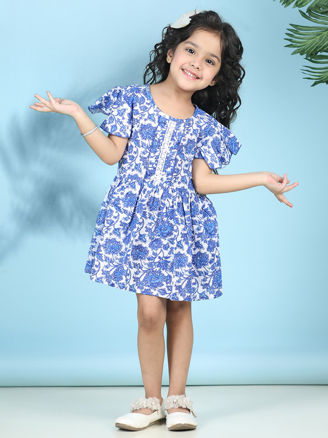 Cutiekins Girls Trendy & Stylish Floral Printed Dress -Off White & Blue