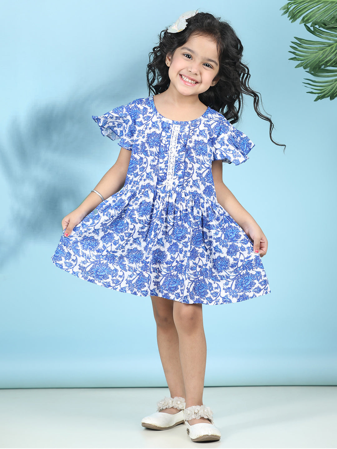 Cutiekins Girls Trendy & Stylish Floral Printed Dress -Off White & Blue