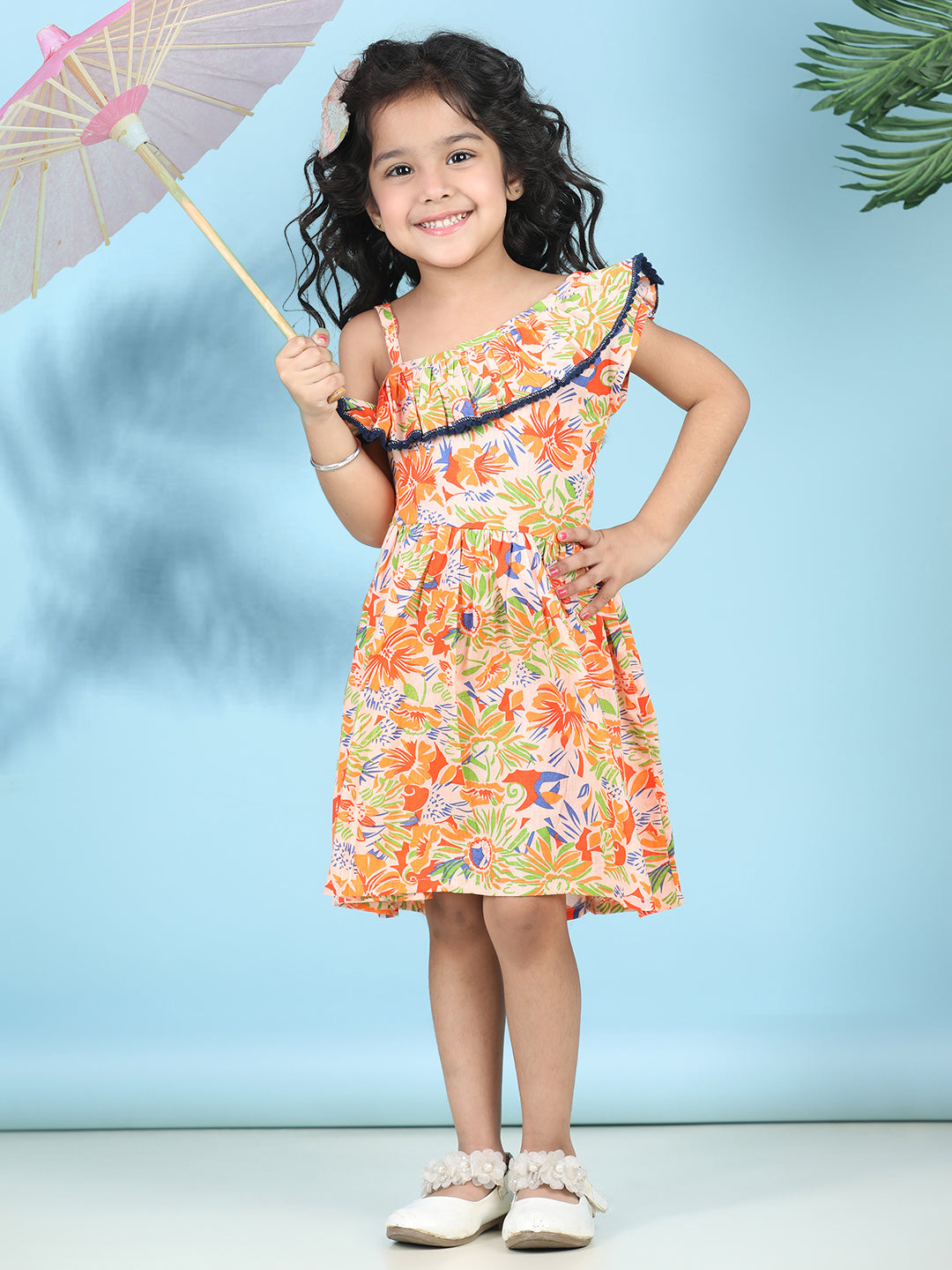 Cutiekins Girls Trendy & Stylish Floral Printed Dress -Peach & Multi