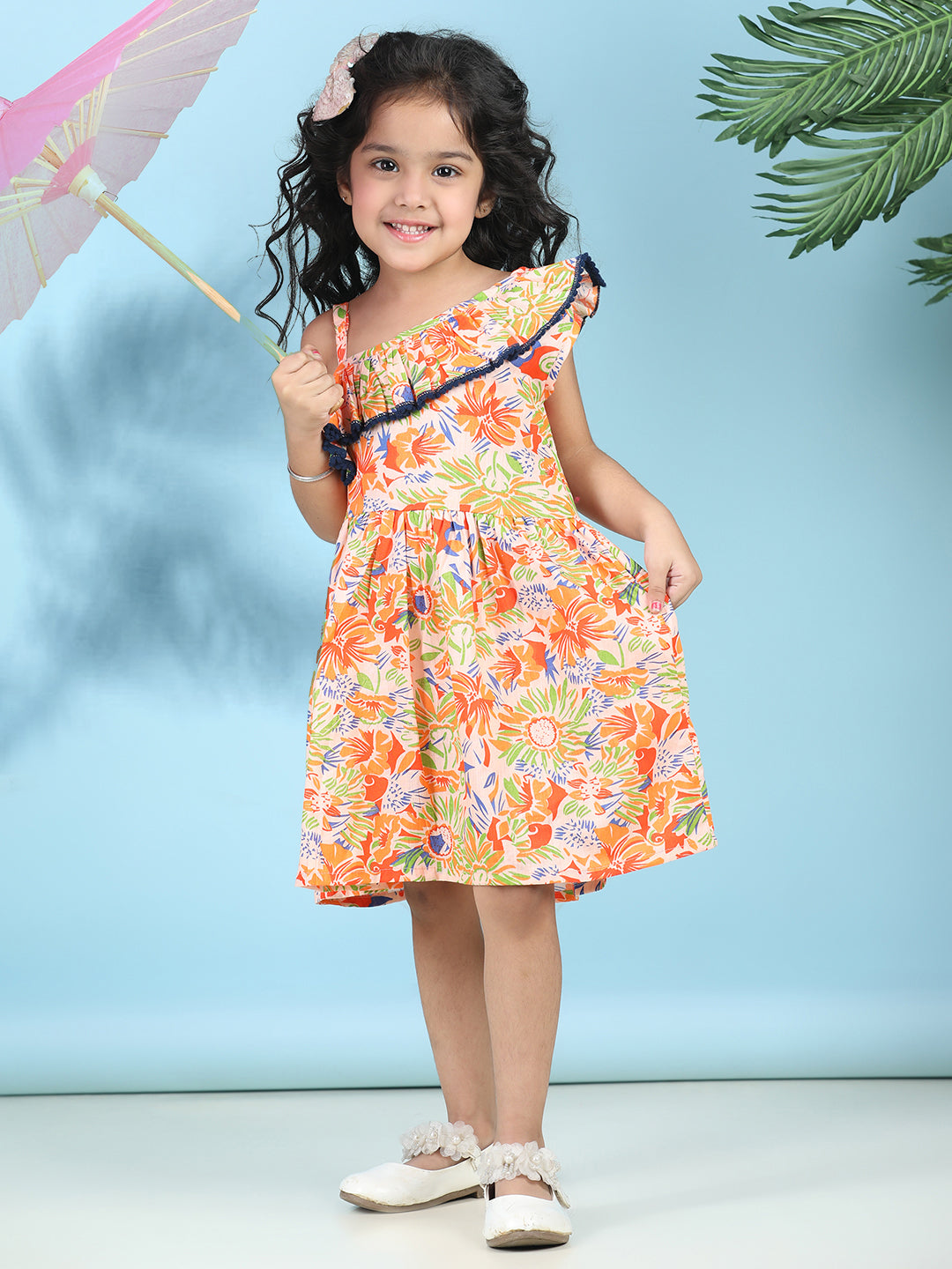 Cutiekins Girls Trendy & Stylish Floral Printed Dress -Peach & Multi