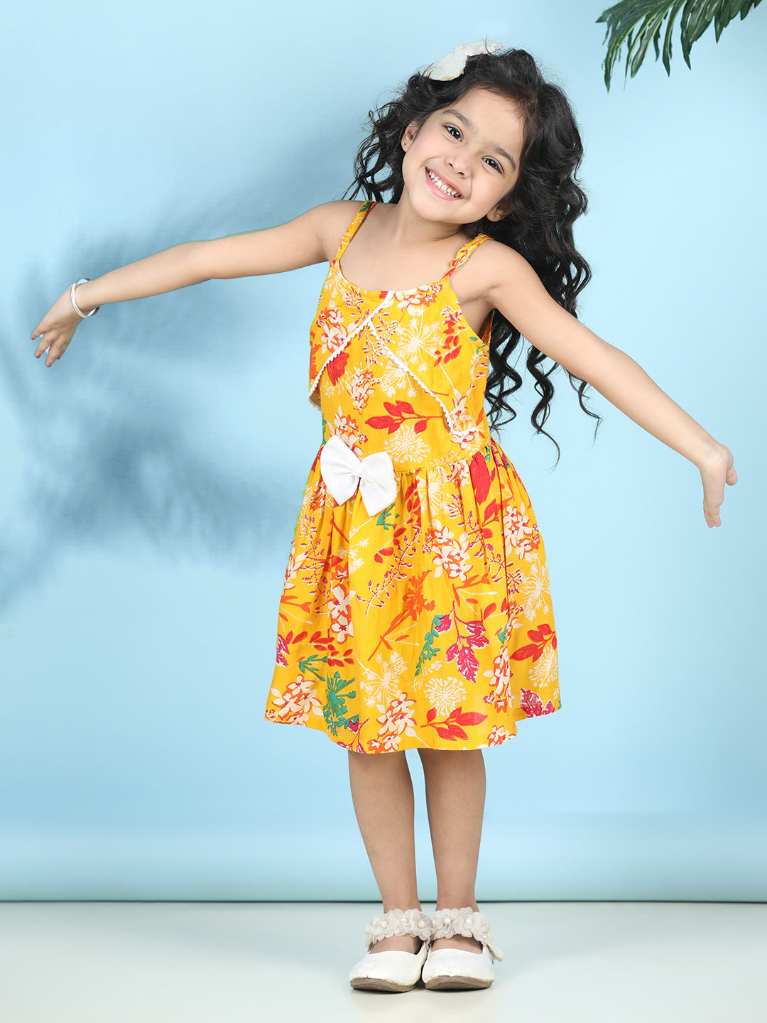 Cutiekins Girls Trendy & Stylish Floral Printed Dress -Yellow & Multi