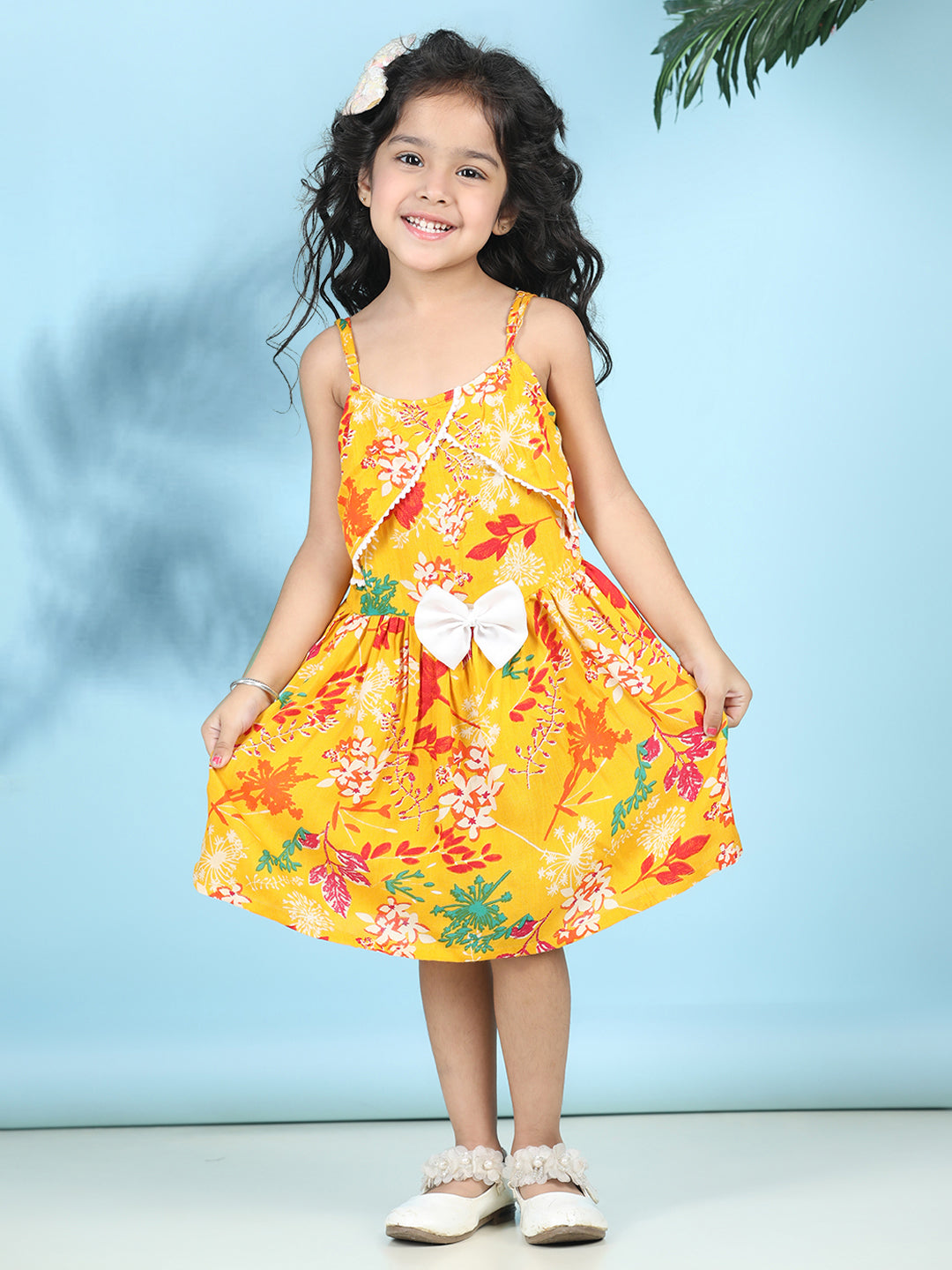 Cutiekins Girls Trendy & Stylish Floral Printed Dress -Yellow & Multi