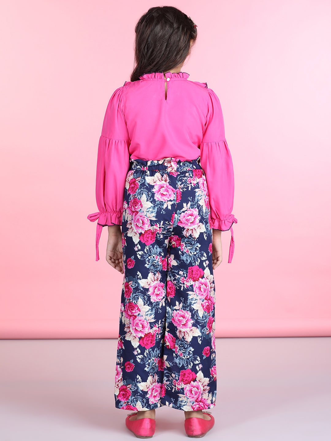 Cutiekins Polyester Solid Top & Printed Palazzos Set -Pink & Navy Blue