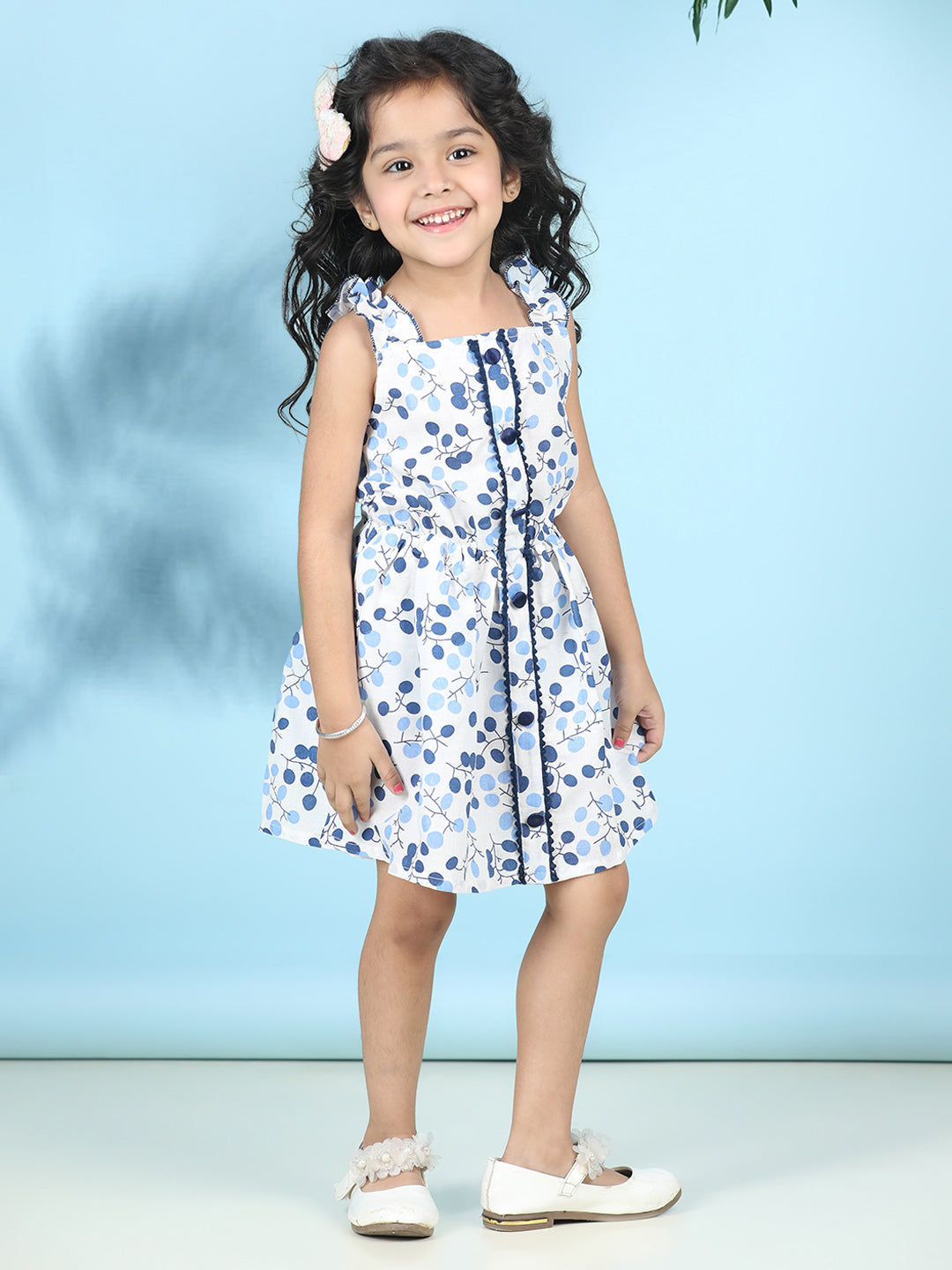 Cutiekins Girls Trendy & Stylish Floral Printed Dress -Off White & Blue