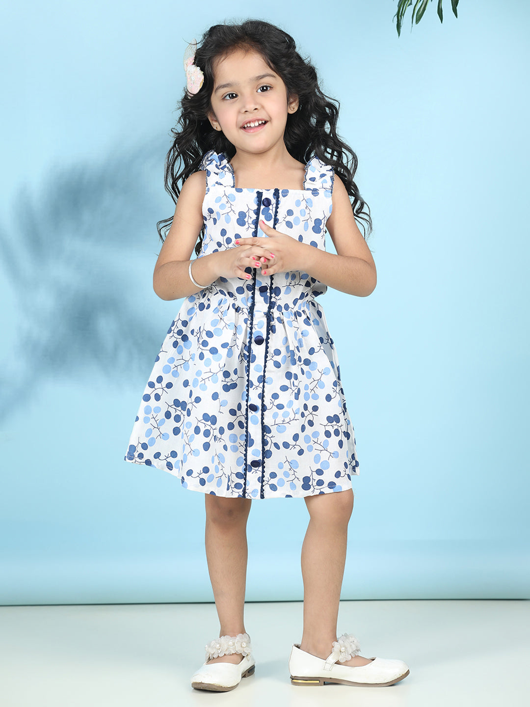 Cutiekins Girls Trendy & Stylish Floral Printed Dress -Off White & Blue