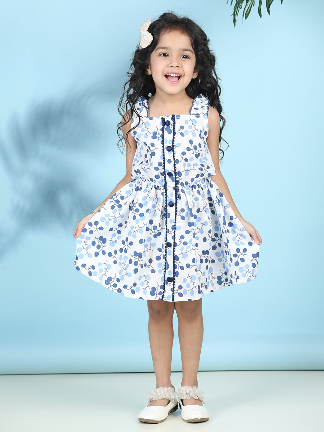 Cutiekins Girls Trendy & Stylish Floral Printed Dress -Off White & Blue