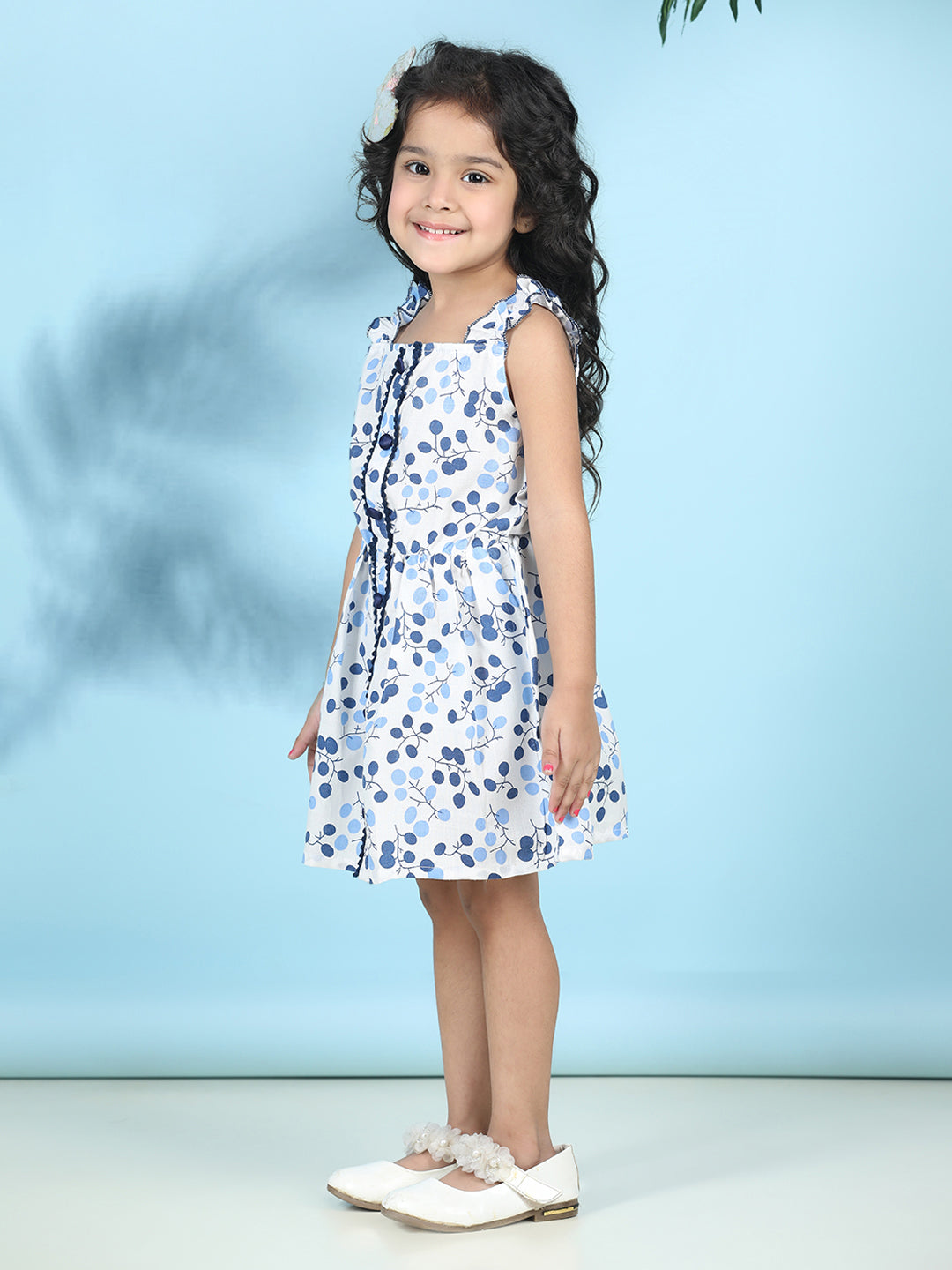 Cutiekins Girls Trendy & Stylish Floral Printed Dress -Off White & Blue