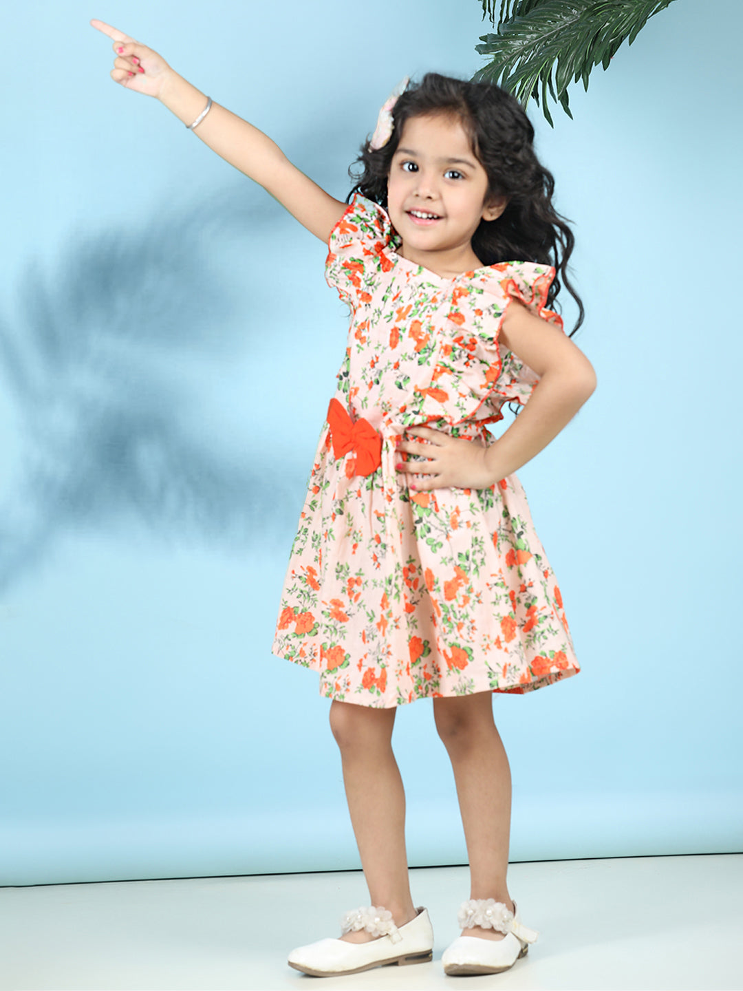 Cutiekins Girls Trendy & Stylish Floral Printed Dress -Peach & Orange