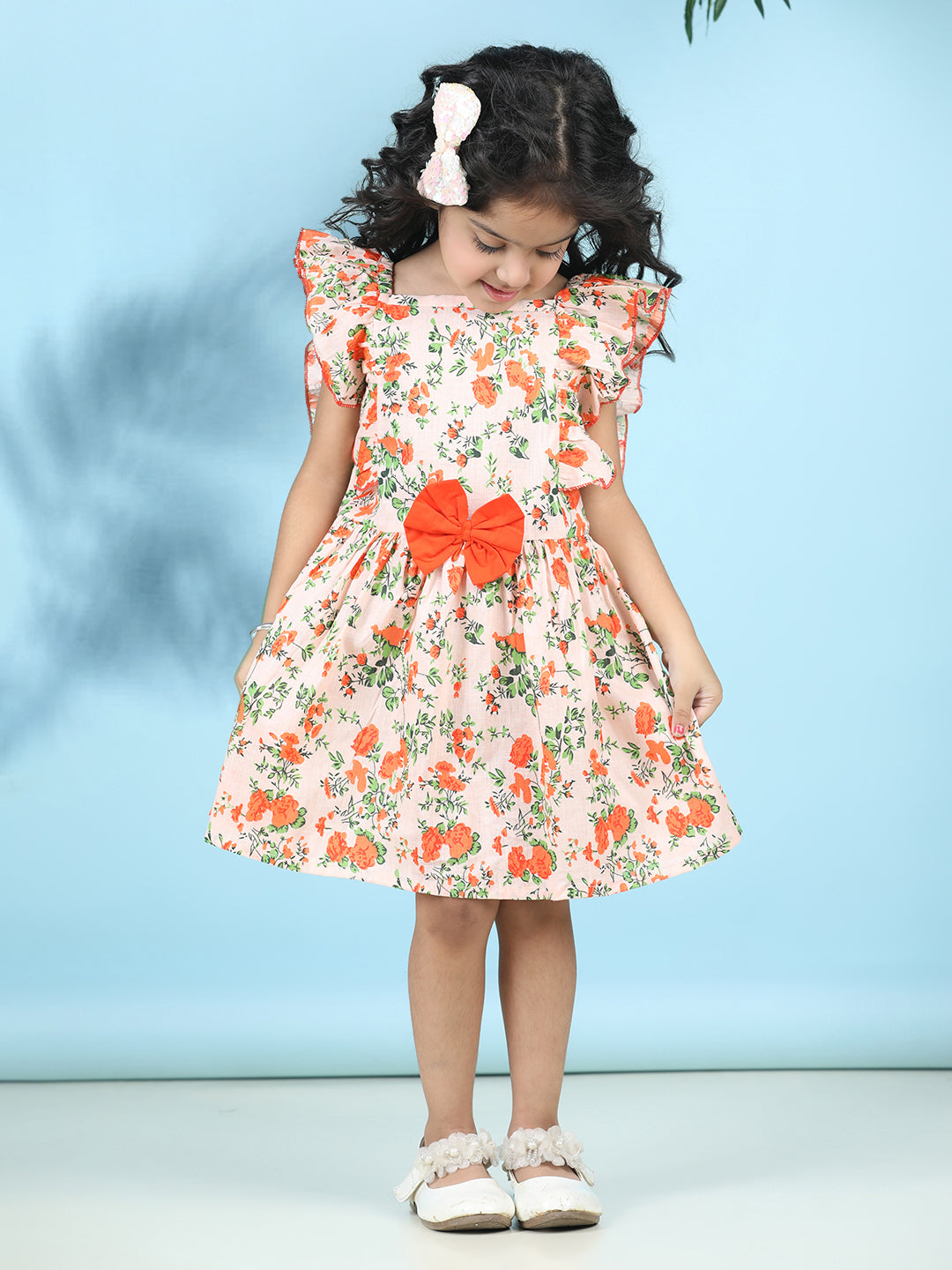 Cutiekins Girls Trendy & Stylish Floral Printed Dress -Peach & Orange