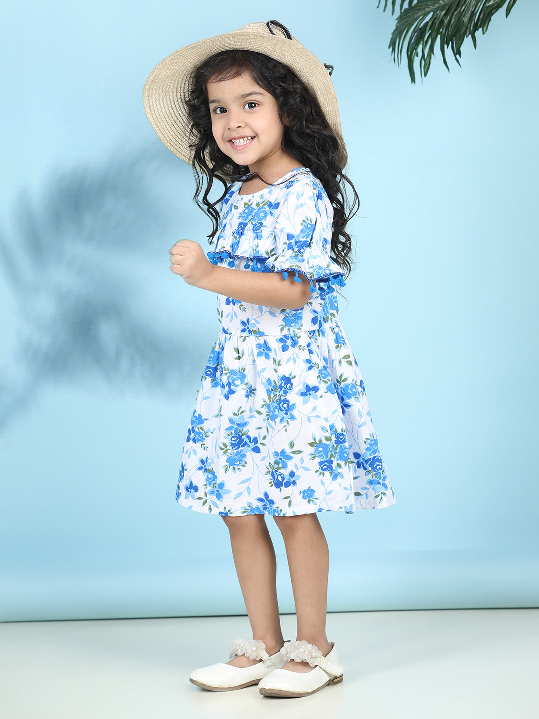 Cutiekins Girls Trendy & Stylish Floral Printed Dress -Off White & Blue