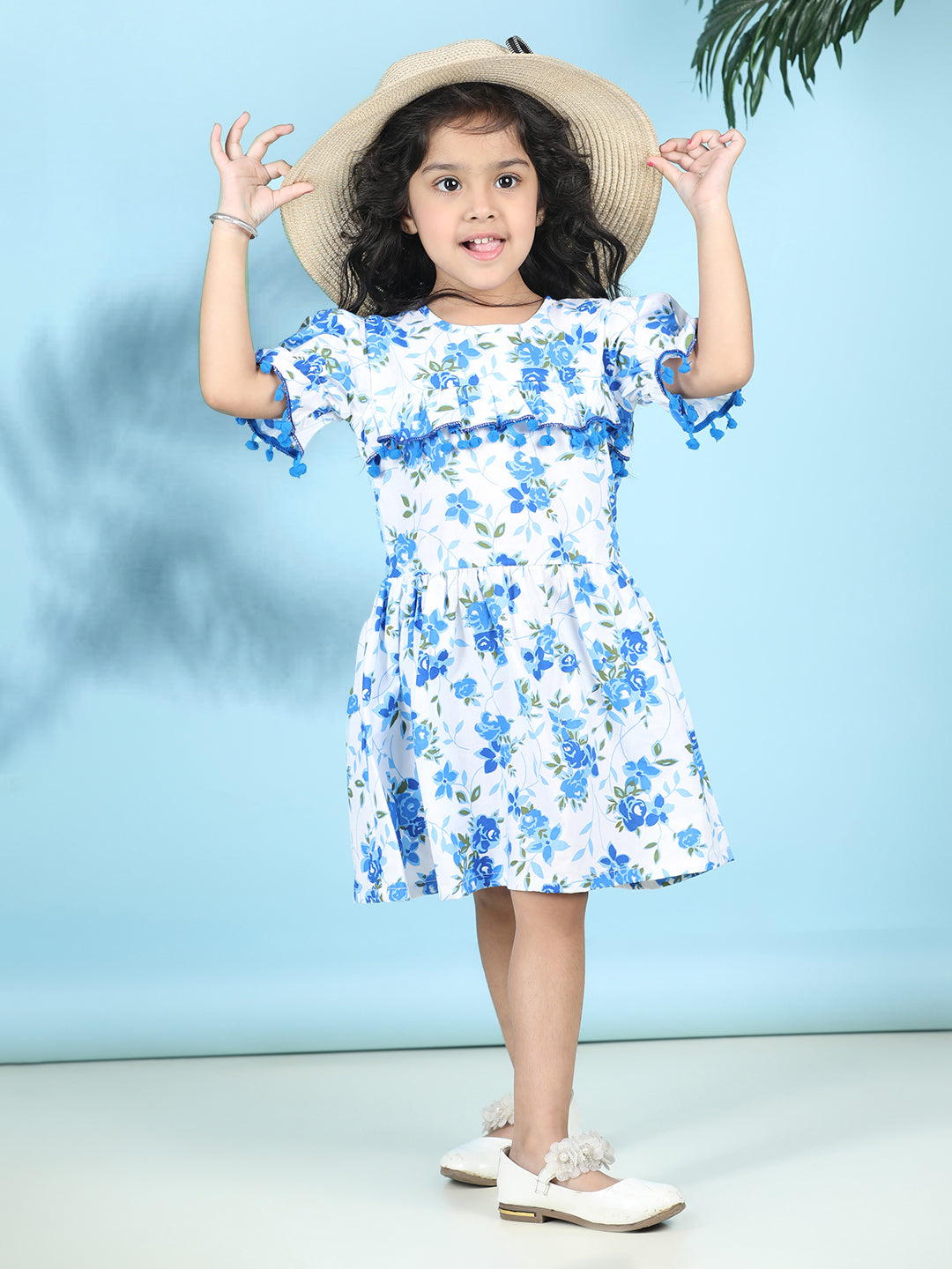 Cutiekins Girls Trendy & Stylish Floral Printed Dress -Off White & Blue