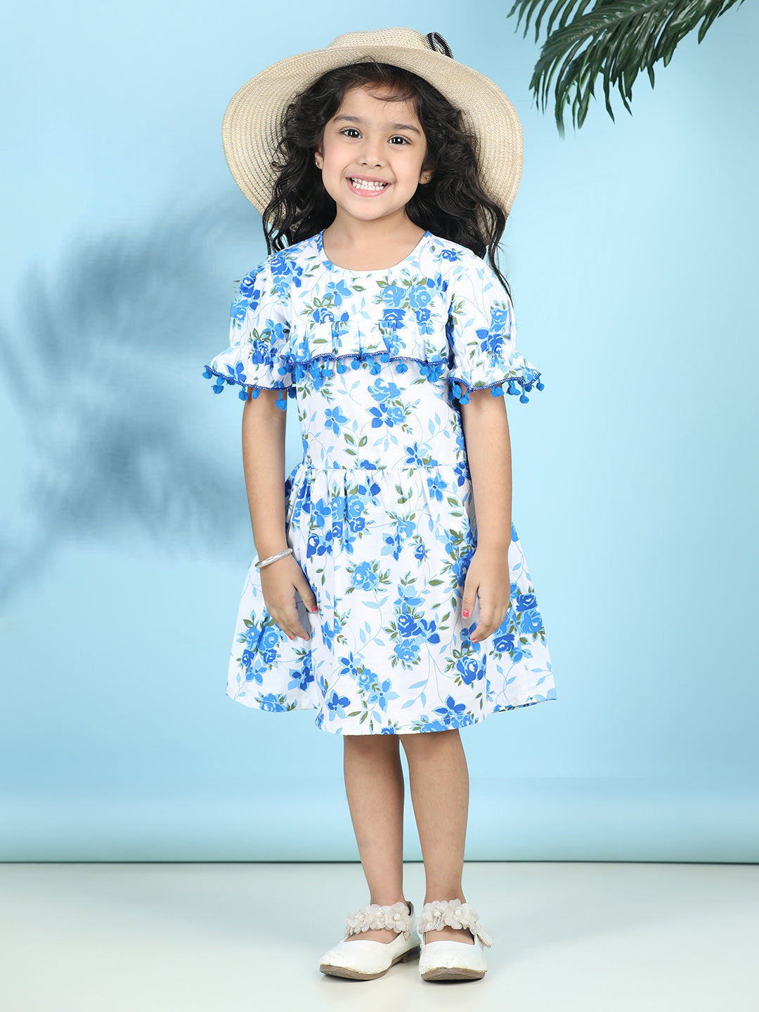 Cutiekins Girls Trendy & Stylish Floral Printed Dress -Off White & Blue