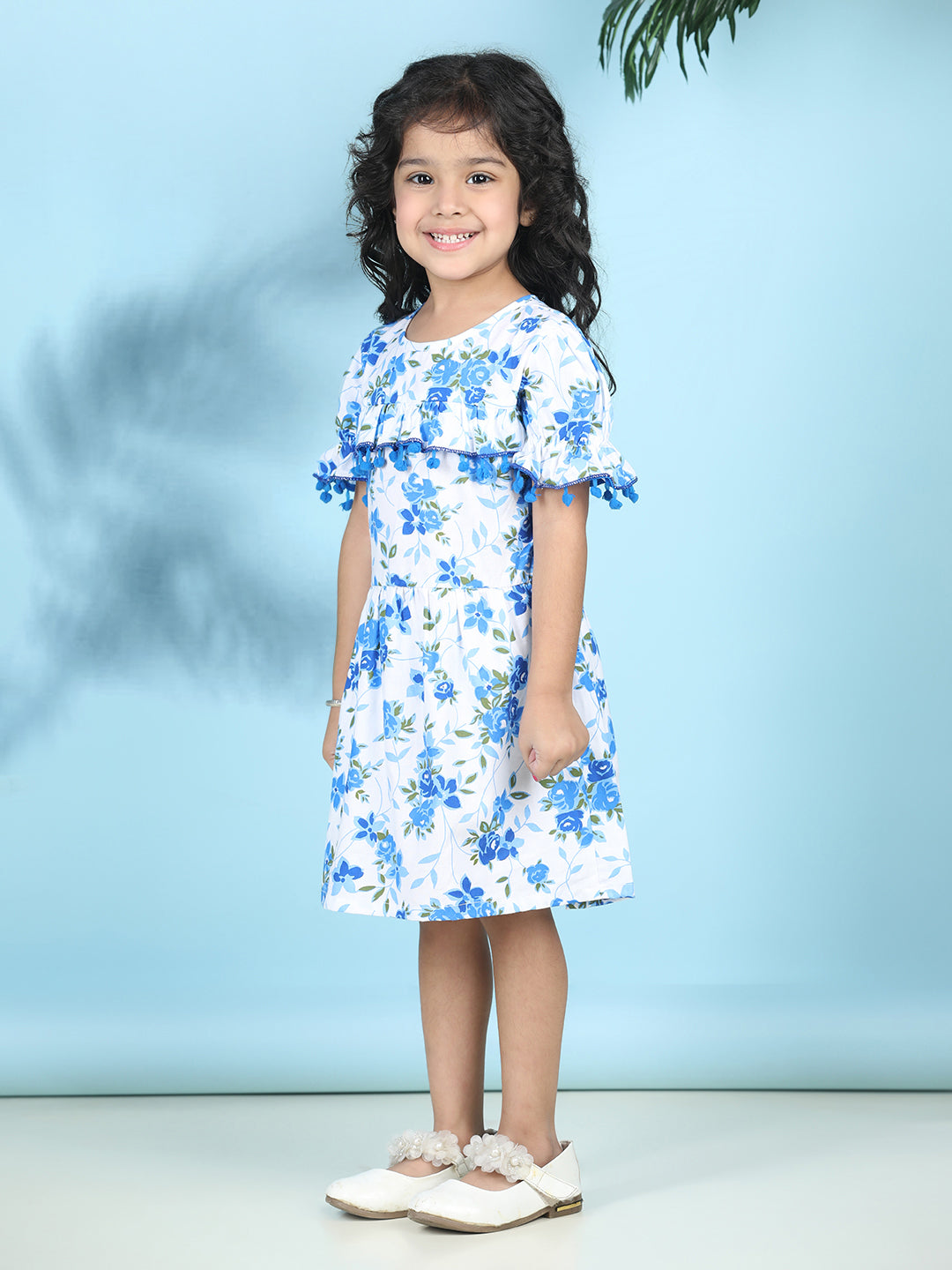 Cutiekins Girls Trendy & Stylish Floral Printed Dress -Off White & Blue