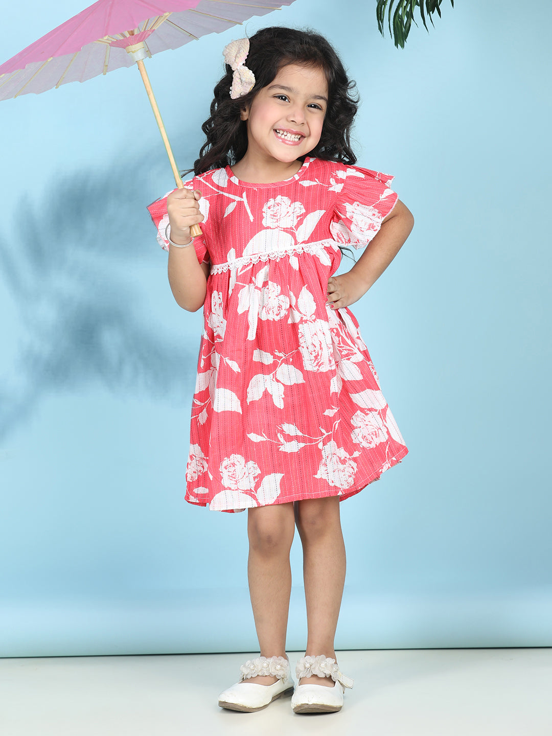 Cutiekins Girls Trendy & Stylish Floral Printed Dress -Red & Off White