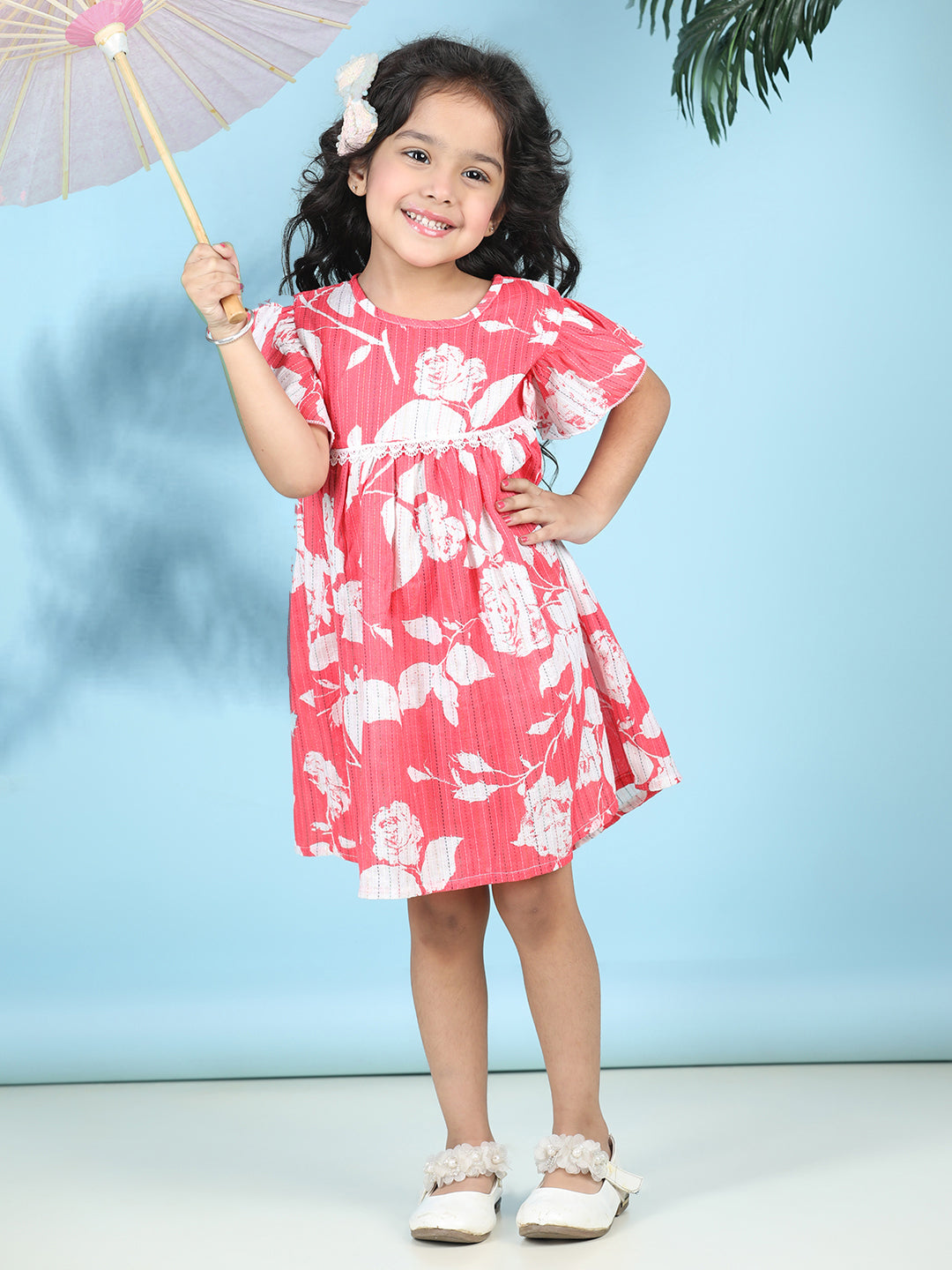 Cutiekins Girls Trendy & Stylish Floral Printed Dress -Red & Off White