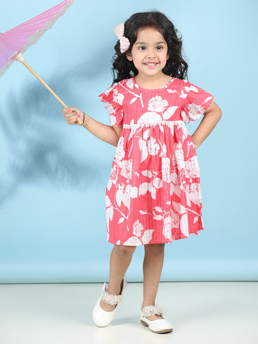 Cutiekins Girls Trendy & Stylish Floral Printed Dress -Red & Off White