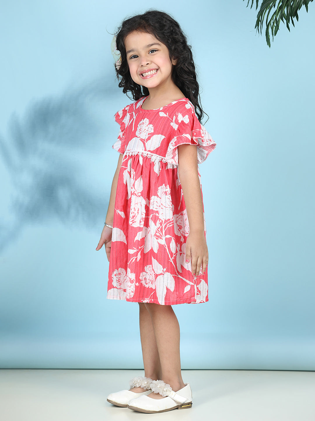 Cutiekins Girls Trendy & Stylish Floral Printed Dress -Red & Off White