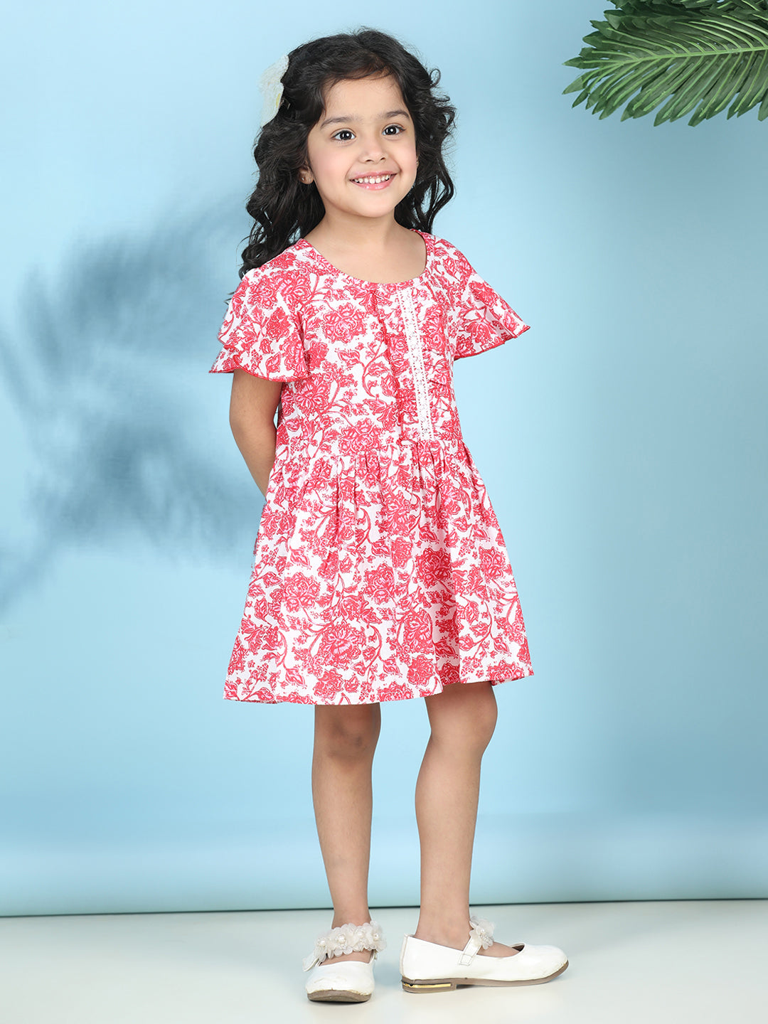 Cutiekins Girls Trendy & Stylish Floral Printed Dress -Off White & Red