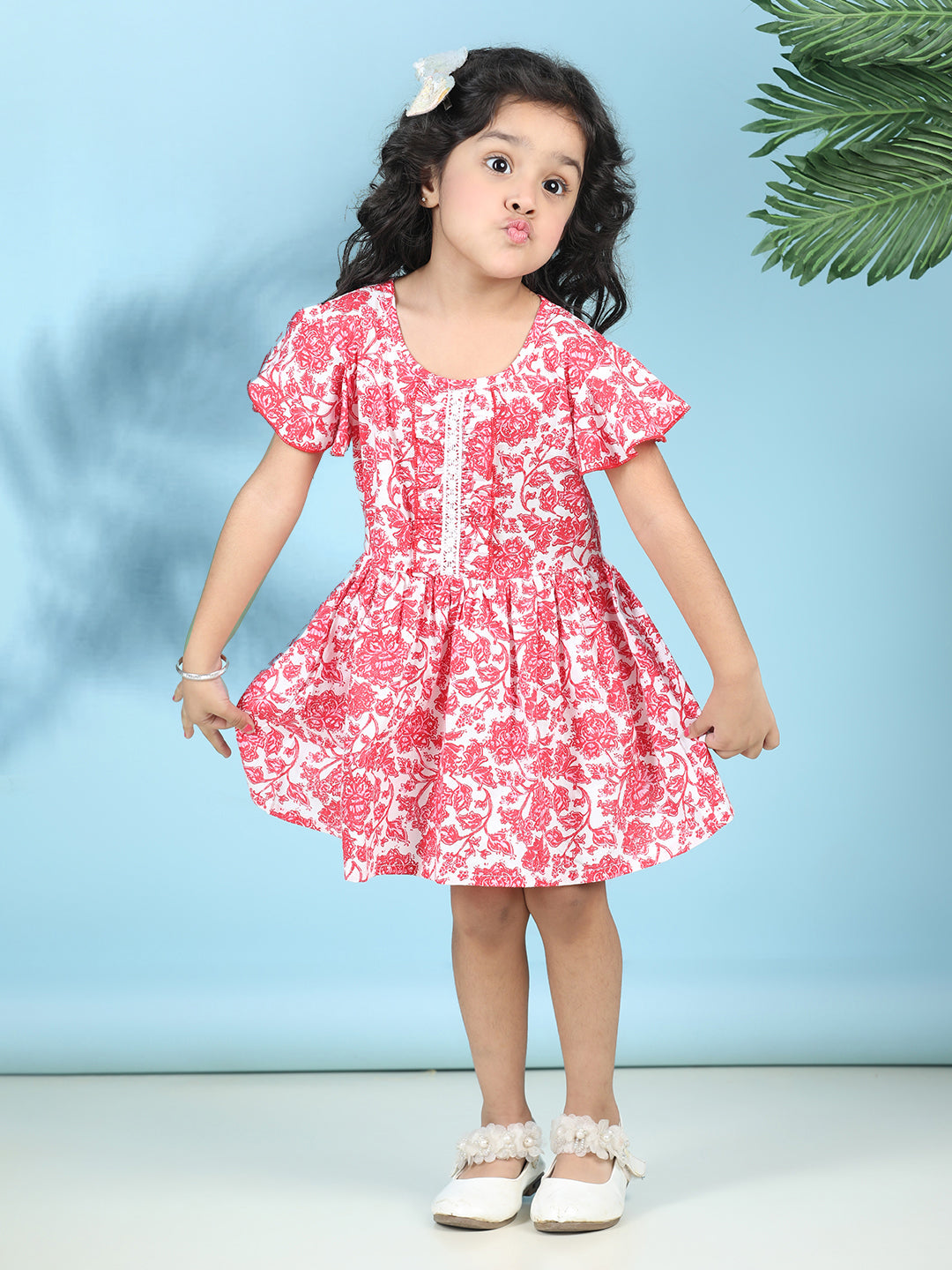 Cutiekins Girls Trendy & Stylish Floral Printed Dress -Off White & Red