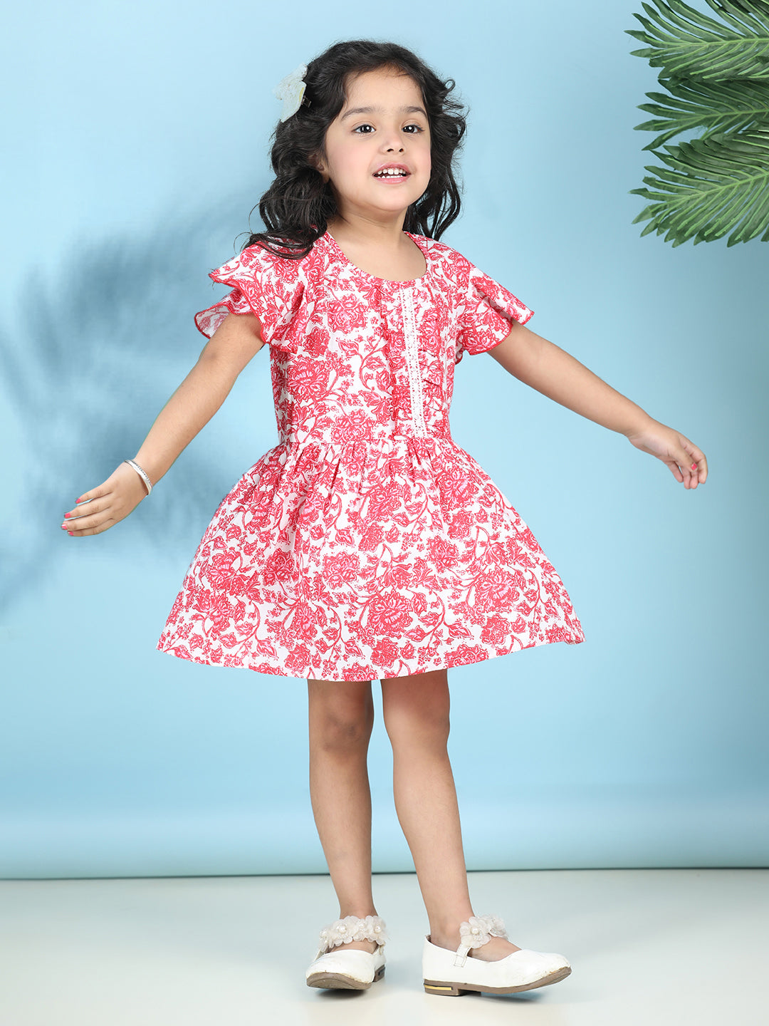 Cutiekins Girls Trendy & Stylish Floral Printed Dress -Off White & Red