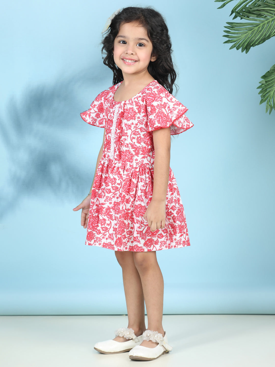 Cutiekins Girls Trendy & Stylish Floral Printed Dress -Off White & Red