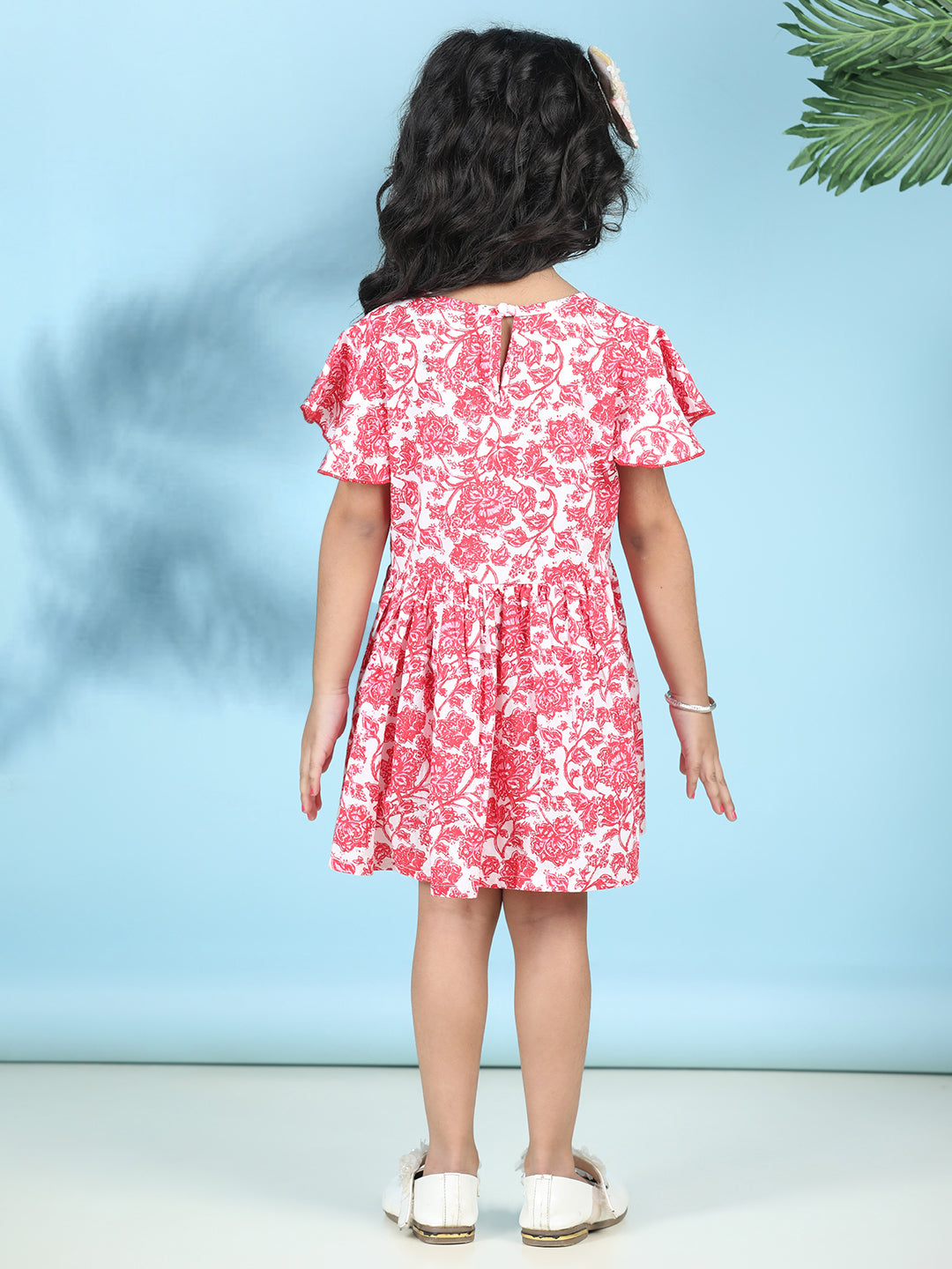 Cutiekins Girls Trendy & Stylish Floral Printed Dress -Off White & Red