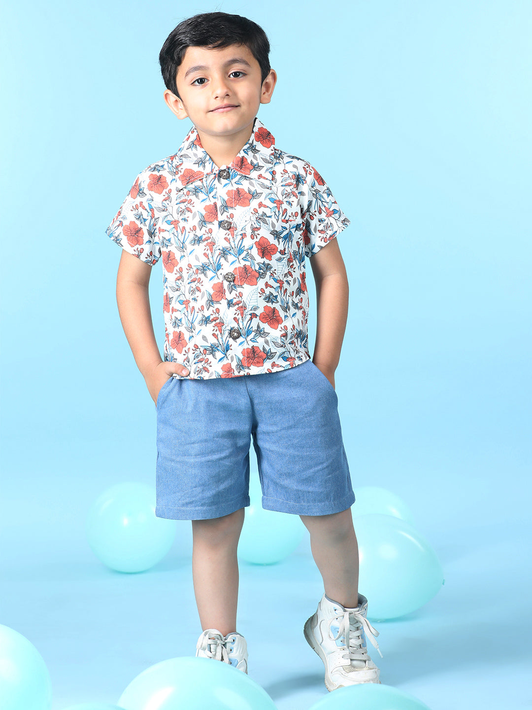 Cutiekins Boys Tropical Print Shirt With Solid Short -Off White & Steel Blue