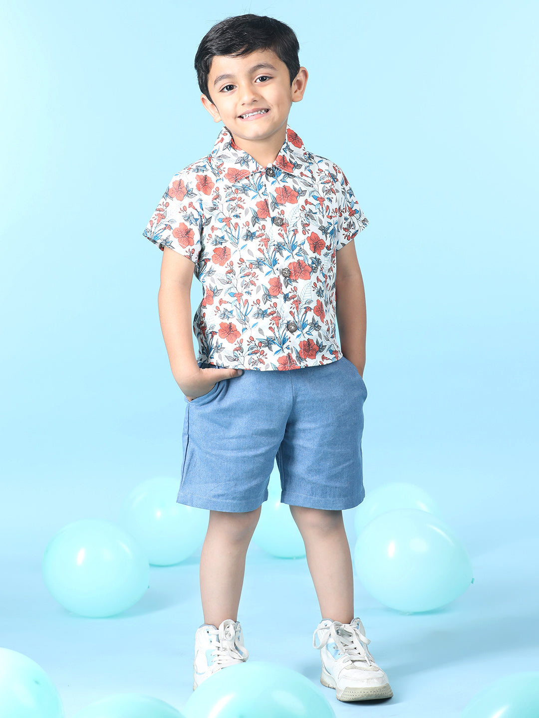 Cutiekins Boys Tropical Print Shirt With Solid Short -Off White & Steel Blue