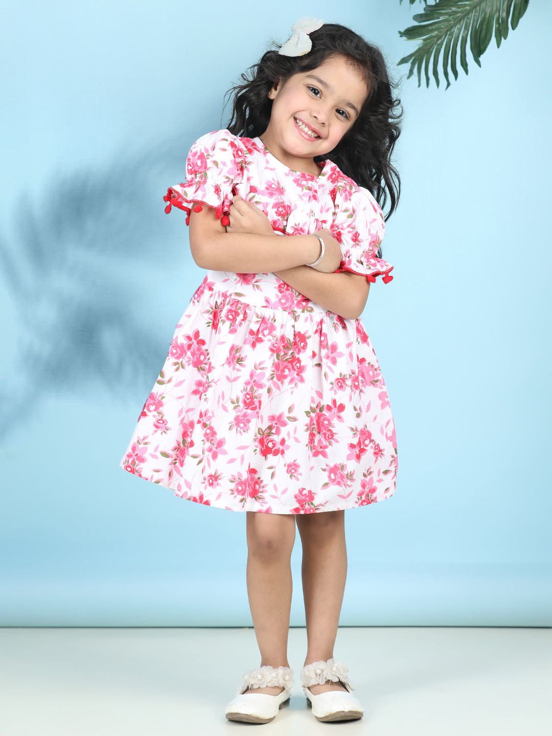 Cutiekins Girls Trendy & Stylish Floral Printed Dress -Off White & Pink