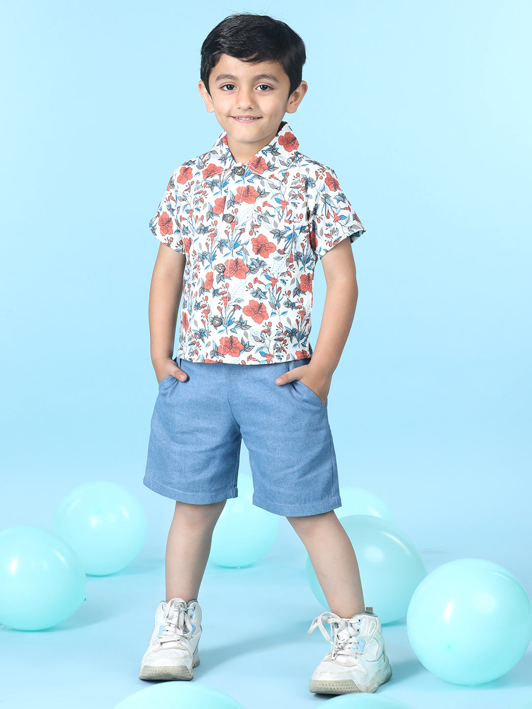 Cutiekins Boys Tropical Print Shirt With Solid Short -Off White & Steel Blue