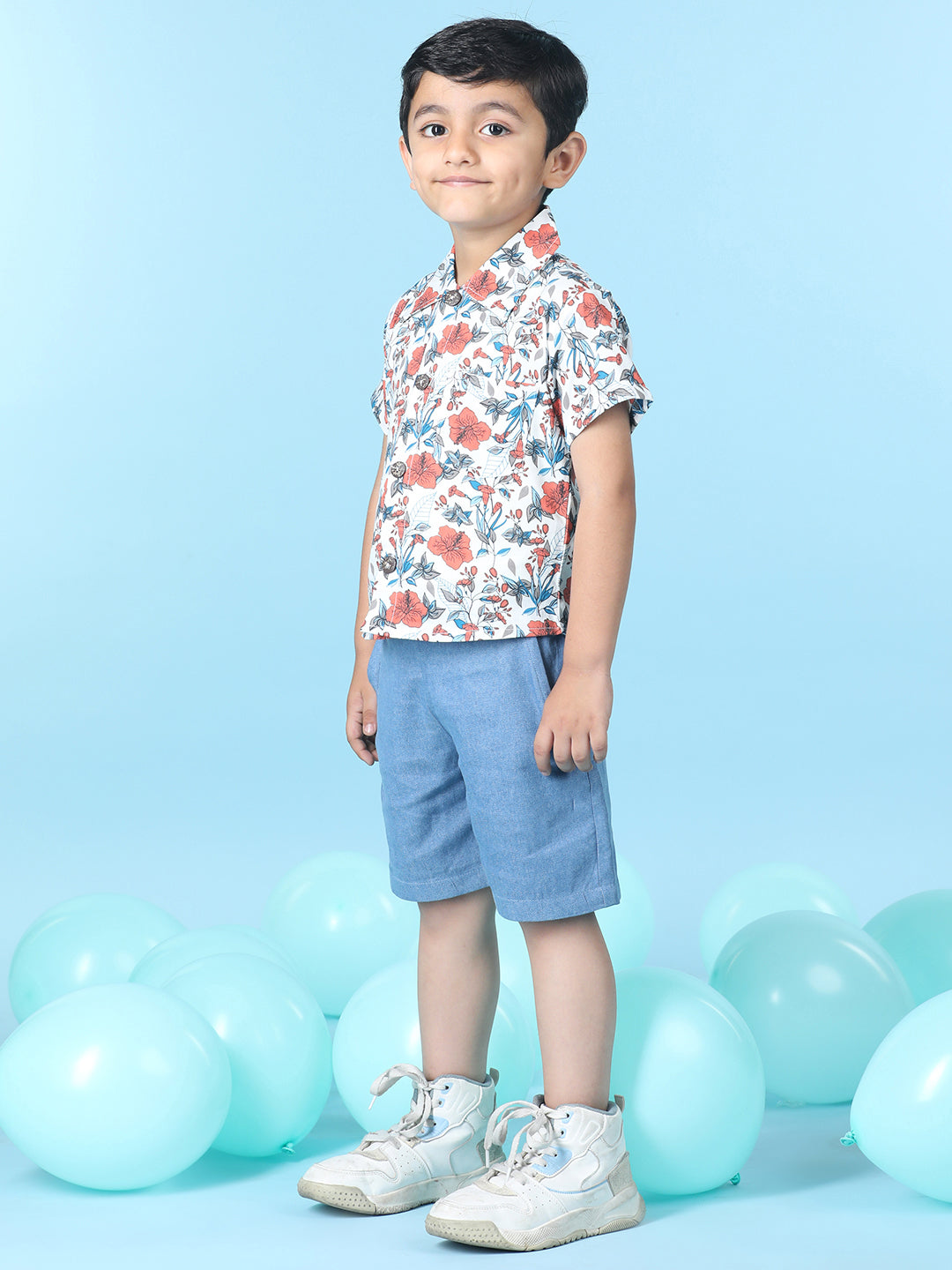 Cutiekins Boys Tropical Print Shirt With Solid Short -Off White & Steel Blue