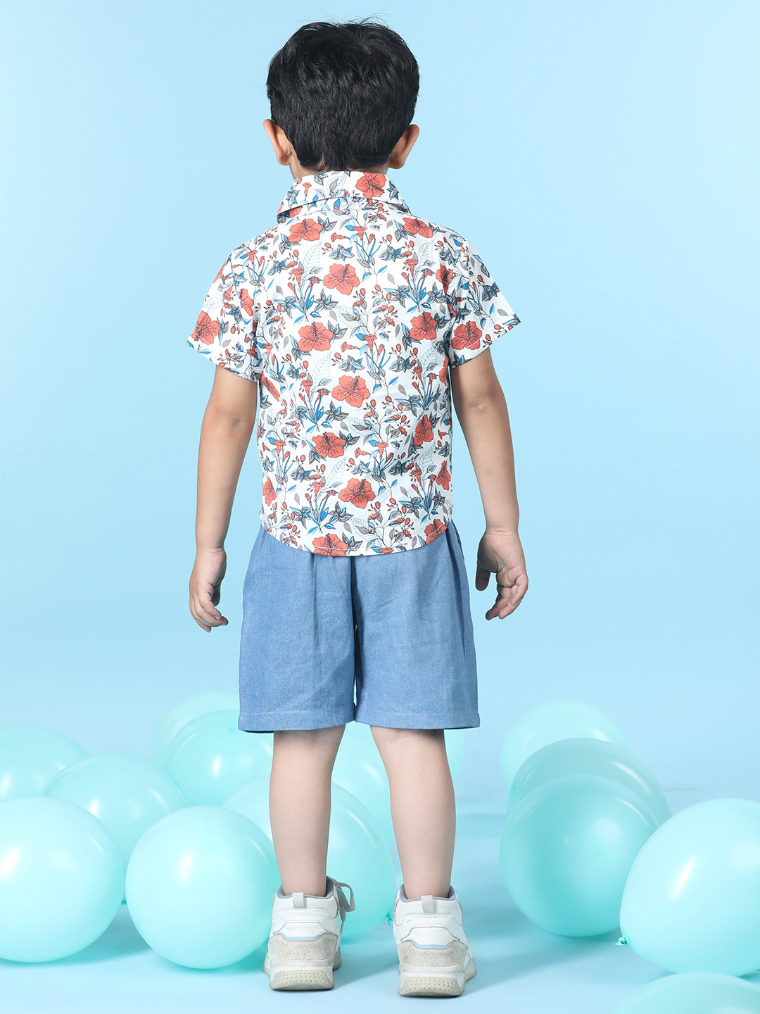 Cutiekins Boys Tropical Print Shirt With Solid Short -Off White & Steel Blue