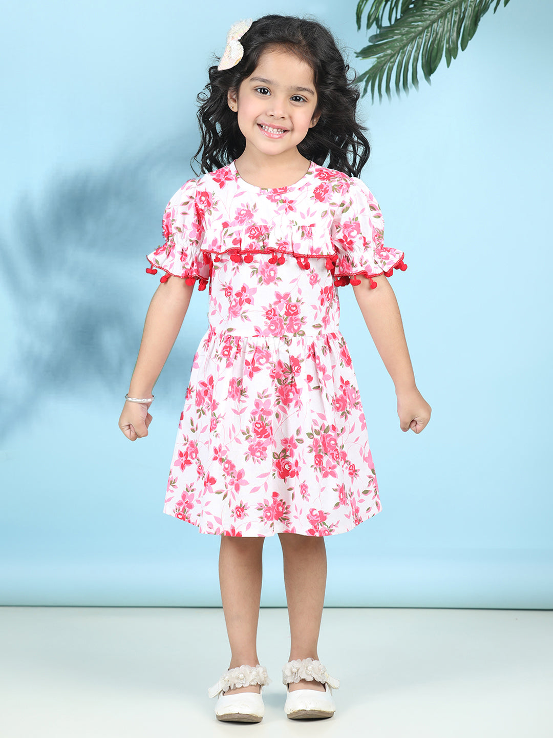 Cutiekins Girls Trendy & Stylish Floral Printed Dress -Off White & Pink