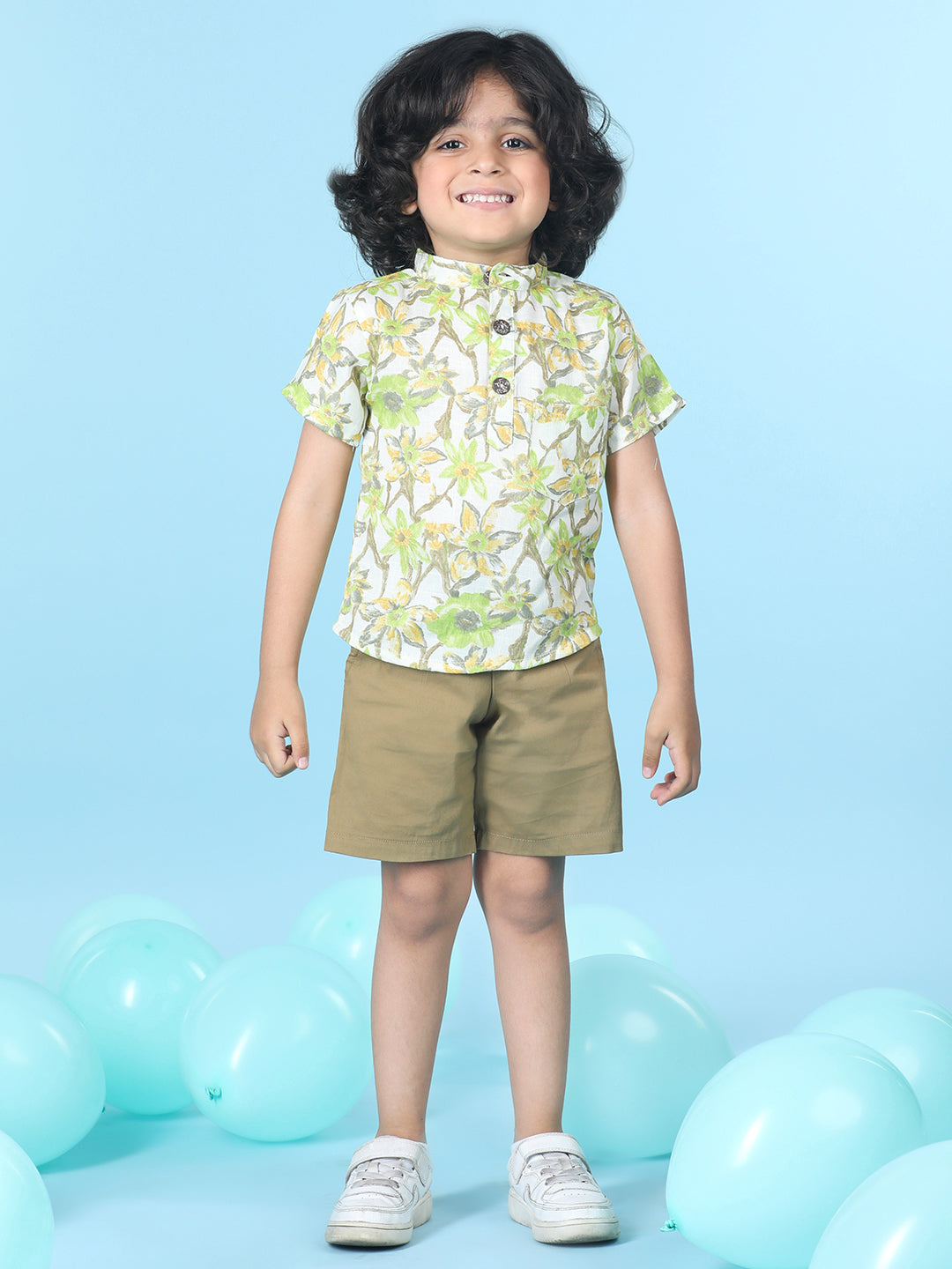 Cutiekins Boys Tropical Print T-Shirt With Solid Short -Off White & Camel Brown