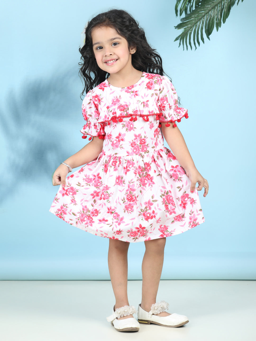 Cutiekins Girls Trendy & Stylish Floral Printed Dress -Off White & Pink