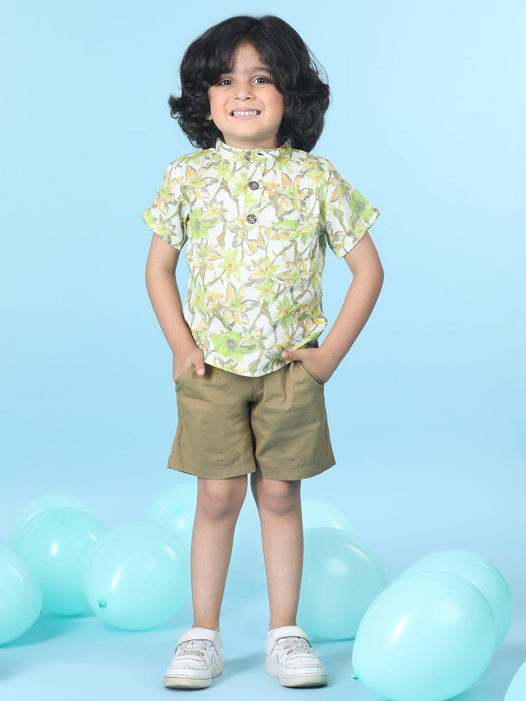 Cutiekins Boys Tropical Print T-Shirt With Solid Short -Off White & Camel Brown