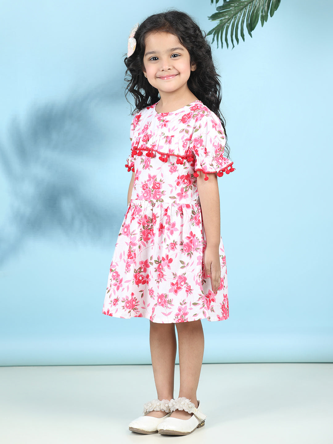 Cutiekins Girls Trendy & Stylish Floral Printed Dress -Off White & Pink